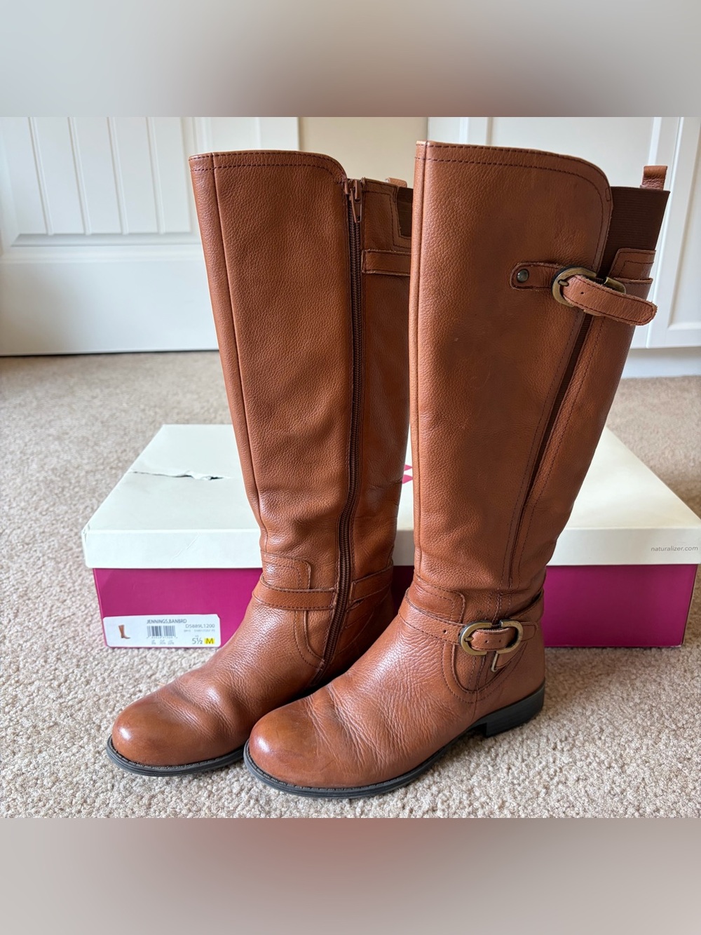 Naturalizer Jennings Riding Boots 5.5M Brown Leather Buckle Knee High N5 EUC
